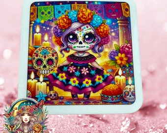 Paquete de pegatinas del día de muertos #1. 4 adorables pegatinas Chibi del Día de los Muertos de 2 pulgadas (5,08 CM) para botellas de agua, computadoras portátiles, Kindle y diarios