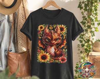 Camiseta estampada de dragón y girasol – Camiseta otoñal de fantasía caprichosa