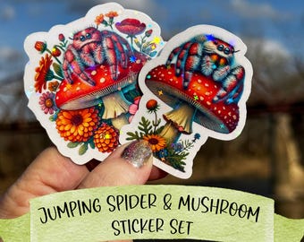Jumping Spider & Mushroom Sticker Set #15, Bright Spring Floral Stickers, Cute Spider with Calendula Cosmos Sunflowers, Available in 2 Sizes