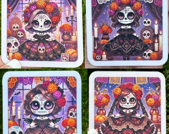 Paquete de pegatinas del Día de los Muertos n.° 2-4 Adorables escenas kawaii del Día de los Muertos de 2 o 2,25 pulgadas para botellas de agua, computadoras portátiles, Kindle y diarios.
