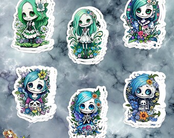 Paquete de 6 pegatinas de Ghoulie Girl - Conjunto 1: pesadillas espeluznantes, floridas y a la moda,