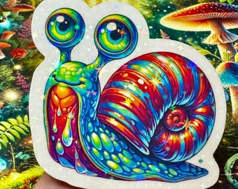 Pegatina de caracol psicodélico n.° 2: vinilo holográfico arcoíris psicodélico, estética cottagecore, divertida pegatina para diario o portátil.