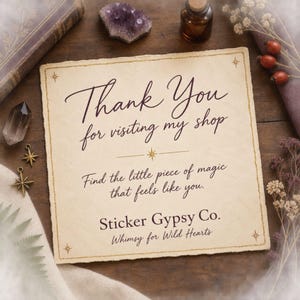 Light aged-parchment card announcing free U.S. shipping on orders of $35 or more, branded for Sticker Gypsy Co.
