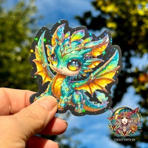 Adorable Kawaii Dragon Sticker – Colorful Holographic Star Vinyl Decal for kindle, Laptops, Journals, Water Bottles, Cute Fantasy Art Gift