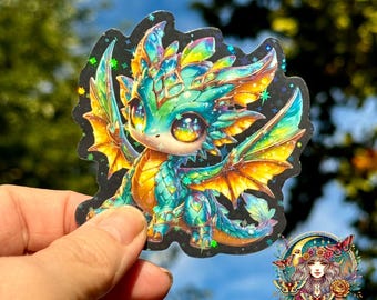 Adorable pegatina de dragón Kawaii: calcomanía de vinilo con estrella holográfica colorida para Kindle, portátiles, agendas, botellas de agua, lindo regalo de arte fantástico.