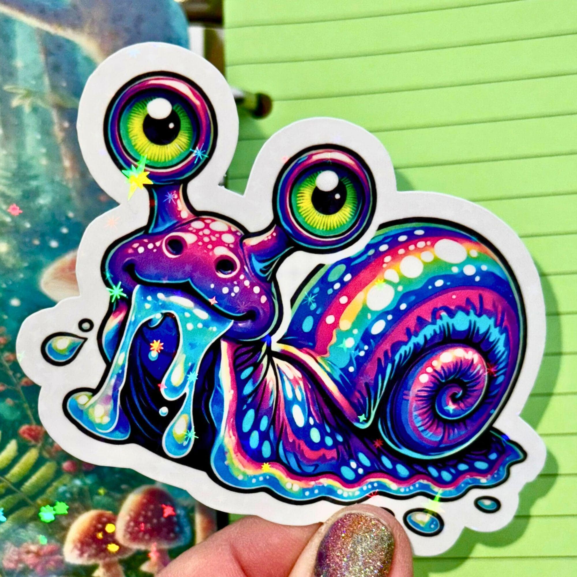 Psychedelic Rainbow Snail Sticker – Holographic star Vinyl Slime Friend - water bottle, tumbler, laptop, cellphone sticker, glittery fun!