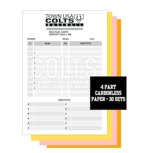 Tarjetas de alineación de béisbol o sóftbol personalizadas - 4 partes sin papel carbón - 30 juegos