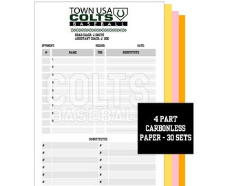 Custom Baseball or Softball Lineup Cards - 4 Part Carbonless - 30 sets