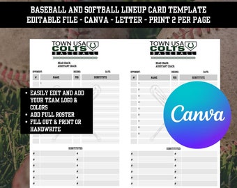 Baseball Line Up Card Template, Softball Line Up Card Template, Digital Download