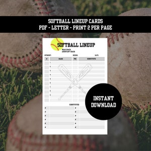 Softball Line Up Card Printable, Digital Download