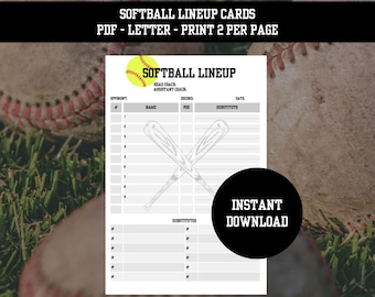 Softball Line Up Card Printable, Digital Download
