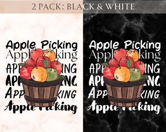 May include: Two digital art prints with the text "Apple Picking" and a watercolor illustration of apples in a wooden basket. One print is on a marble background, the other on black marble.