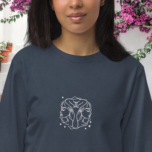 Gemini unisex embroidered organic sweatshirt. Gemini zodiac sign sweatshirt. Comfortable Astrology Sweatshirt with Women and Stars