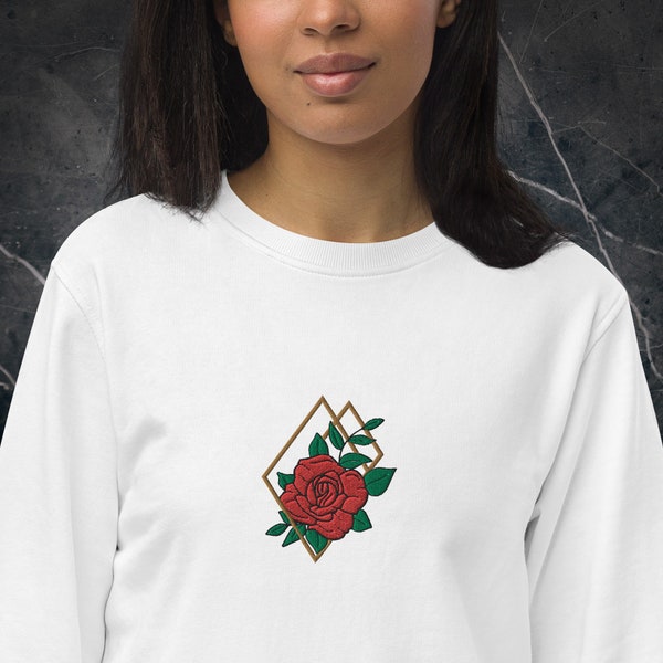 Sudadera orgánica bordada unisex con una rosa. Sudadera cómoda de flores. Regalo de parejas para San Valentín. Regalo día de la madre