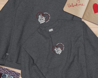 Personalized embroidered Valentine's Day couples sweatshirt featuring a couple of wolves. Sweatshirt with romantic phrase. Gift for Valentine's Day