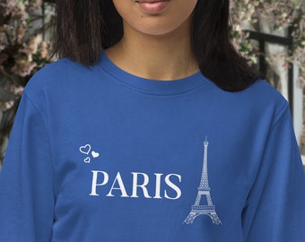 Unisex embroidered organic sweatshirt of Paris and the Eiffel Tower. Elegant sweatshirt with hearts. Comfortable sweatshirt for traveling. romantic gift