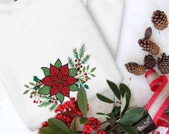 Organic embroidered Christmas crewneck sweatshirt with a poinsettia and holly. Elegant sweatshirt with Christmas flowers and plants