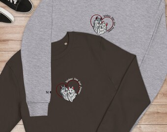 Personalized embroidered organic Valentine's couples sweatshirt featuring a wolf couple. Sweatshirt with phrase. Gift for Valentine's Day