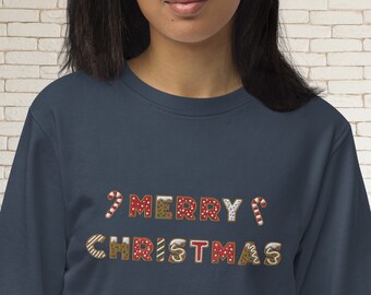 Customizable embroidered organic Christmas crewneck sweatshirt with gingerbread cookies. Christmas Sweatshirt with Message