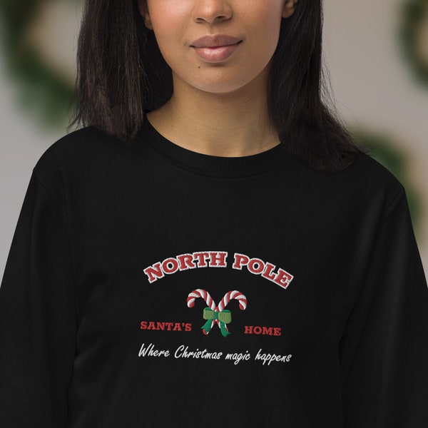 Sudadera orgánica bordada con el cuello redondo de Navidad del Polo Norte, el hogar de Santa Claus. Sudadera de la magia de la Navidad