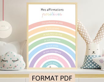 FORMAT PDF - Affiche affirmations positives enfant version fille  | Développement confiance en soi & estime de soi | Décoration Chambre
