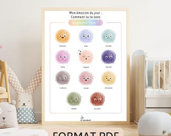 May include: A printable chart with colourful illustrations of different emotions. The chart is titled "Mon émotion du jour: Comment tu te sens aujourd'hui?" and includes words like "Calme", "Fatigué", "Stressé", and "En colère".