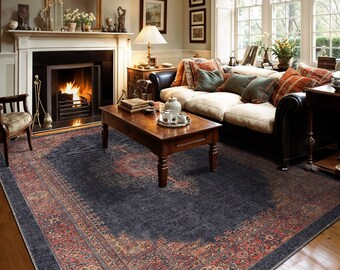 Blue Terracotta, Red, Traditional Bordered, Living Area, Dining Room, Farmhouse, Antique Turkish Rug, Medallion Area Rugs, Oriental Rug,