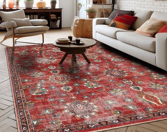 Red Terracotta Rugs, Turkish motifs Rugs, Allover Design Floral Turkish Rug, Turkish Rug, 5x8 Rug, Oriental Faded Rugs, Affordable Rugs,