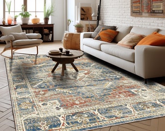Blue Heriz Style Rug, Traditional Bordered, Modern Contemporary Rugs, Antique Oriental Persian Rug, Oriental Faded Rug, Affordable Rug