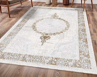 Tapis floral beige, design unique blanc, tapis oriental d'Anatolie turque, tapis médaillon, intemporel et frappant, tapis turc antique,