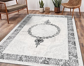 Tapis à fleurs gris, design unique beige, tapis oriental d'Anatolie turque, tapis à médaillons, intemporel et frappant, tapis turc antique,
