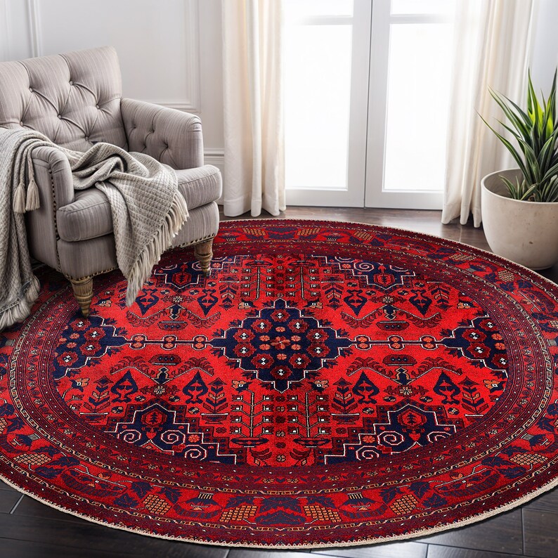Dark Red Traditional Persian Rug Round Rug for Living Room Oriental