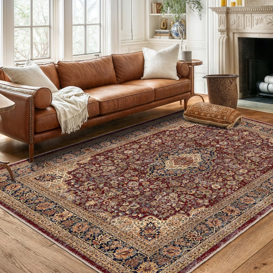Dark Red Terracotta Rug for Living Room Oriental Area Rug Washable ...