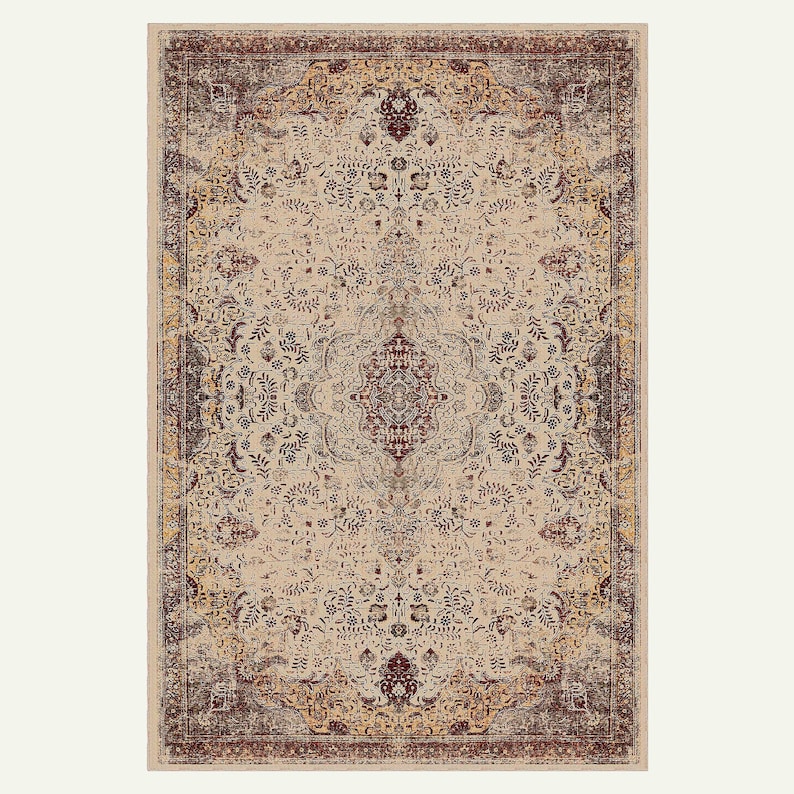 Burgundy Beige Cream Traditional Bordered, Turkish Rug Vintage Style, Rug for Hall, Rug for Bedroom, Classical Home Decor, Free Delivery zdjęcie 2