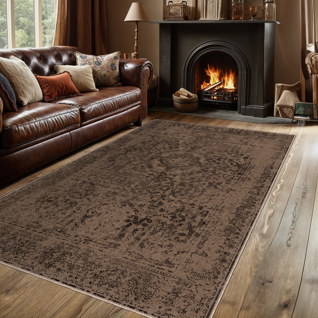 Vintage Moody Dark Brown Persian Style Rug Vintage Turkish Rug Round ...