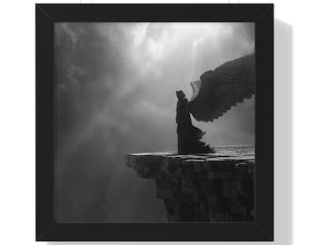Dark Angel Framed Vertical Poster, Monochrome Fallen Angel Wall Art, Gothic Fantasy Print, Mystic Religious Decor for Home or Office