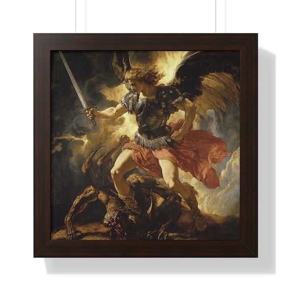 大天使ミカエルが悪魔を打ち負かす額入り壁アート、オフィスの天使の