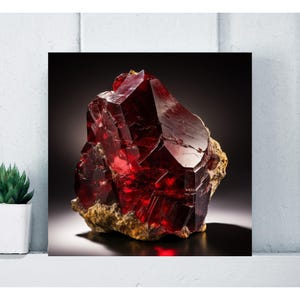May include: A large, faceted, deep red crystal with a glossy surface. The crystal is set on a rough, tan-colored matrix. The lighting highlights the internal structure and color variations of the gemstone. The background is dark, emphasizing the crystal's brilliance.