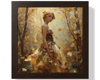 May include: Framed art print depicting a fairy in a forest. The image shows a woman in a golden dress with leaf-like details and wings. The background is filled with autumn leaves and trees, presented within a dark brown frame.