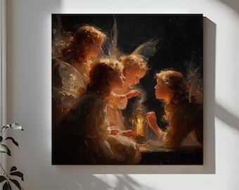 Angel Children Canvas Wall Art, Guardian Angels Painting, Glowing Light Art, Heavenly Cherub Decor, Spiritual Wall Art, Christmas Gift Idea
