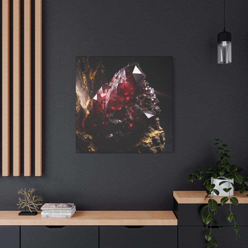 Arte de pared en lienzo con piedras preciosas de color rojo rubí moderno, arte de pared de cristal granate, arte de geoda de lujo, arte de pared de mineros, decoración de granja con piedras preciosas imagen 6