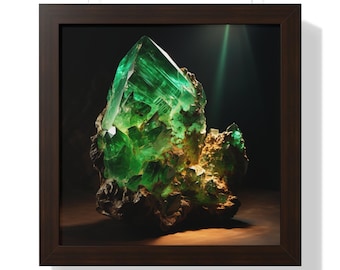 Può includere: Stampa incorniciata con una grande e vibrante formazione di cristalli verdi. Il cristallo ha una struttura geometrica sfaccettata con un aspetto brillante, simile a una gemma. La cornice marrone scuro contrasta con il cristallo verde brillante.