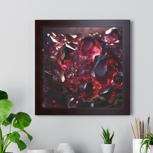 May include: A close-up of a cluster of deep red and purple crystals. The crystals are arranged in a random pattern and have a shiny, reflective surface.