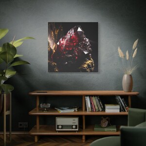 Arte de pared en lienzo con piedras preciosas de color rojo rubí moderno, arte de pared de cristal granate, arte de geoda de lujo, arte de pared de mineros, decoración de granja con piedras preciosas imagen 7