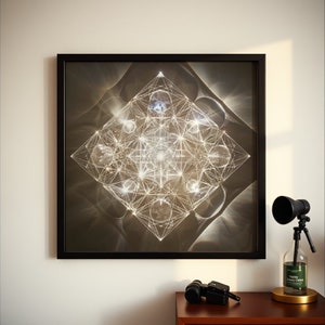 May include: A framed artwork featuring a geometric design with interconnected lines and spheres, creating a three-dimensional effect. The artwork is predominantly white and gray, set against a dark background, and framed in black. The artwork is hanging on a white wall.