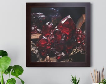 Red Garnet Crystal Framed Wall Art, Crystal Cluster Home Decor, Gemstone Wall Art, Above Bed Crystal Wall Hanging, Crystal Lover Gift