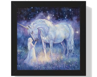 Póster enmarcado con pintura de unicornio, arte de pared, historia de unicornio, decoración mágica, arte de fantasía, decoración de habitación de niñas y niños, regalo de cumpleaños para decoración de guardería