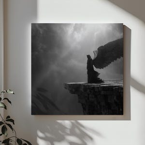 Dark Angel Wall Art, Monochrome Angel Canvas, Gothic Fallen Angel Print, Fantasy Religious Decor, Mystic Angel Artwork for Home or Office