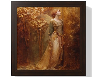 May include: A framed print of a painting showing a woman with red hair and fairy wings in a forest. The woman is in a long gown with floral details. The artwork uses warm, earthy tones of gold, brown, and green.