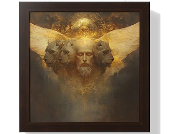 May include: A digital painting of a man with a beard and closed eyes. He is surrounded by three lion heads with wings. The background is a golden color.